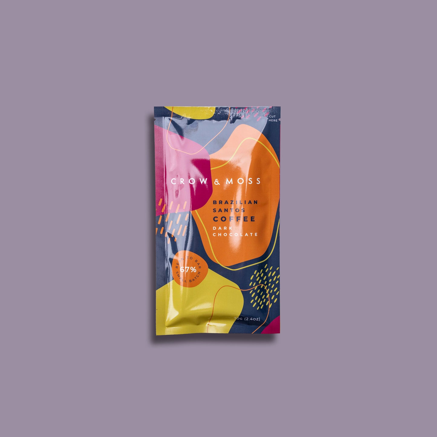 Image of the front packaging of Brazilian Santos Coffee Dark Chocolate Bar 67%