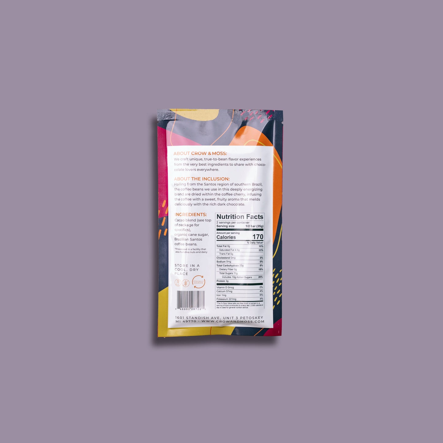 Image of the back of the package of Brazilian Santos Coffee Dark Chocolate Bar 67%