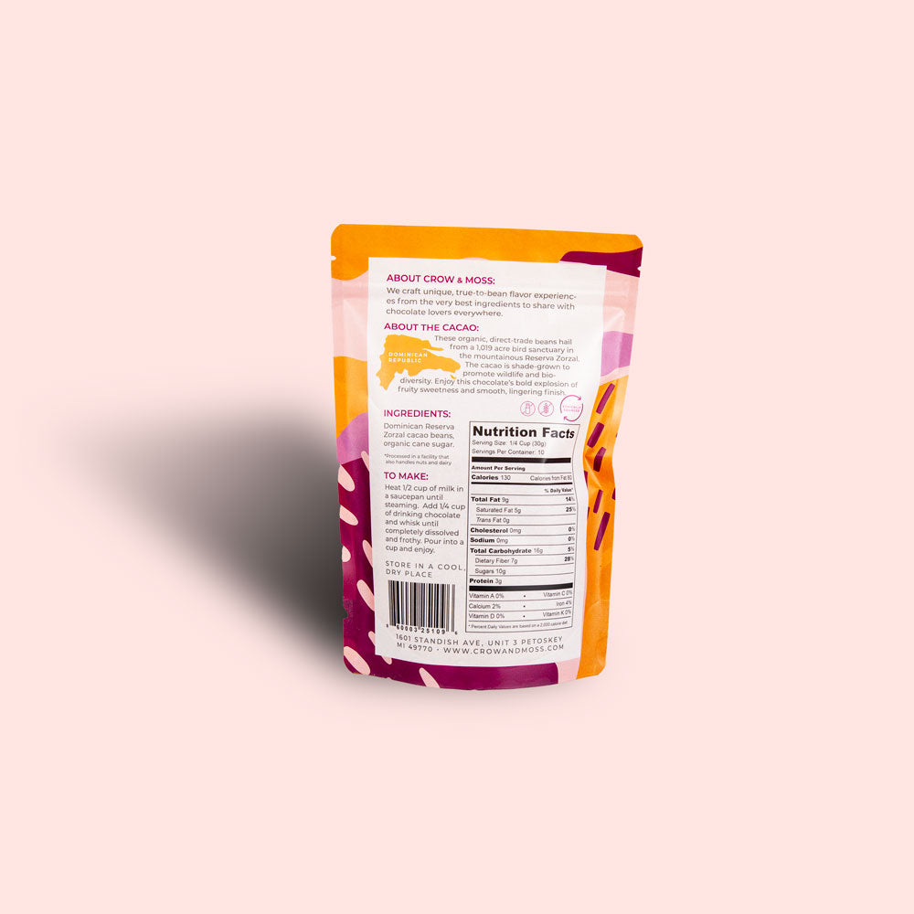 Image of the back of a package of our Dominican Republic Zorzal Drinking Chocolate 70%
