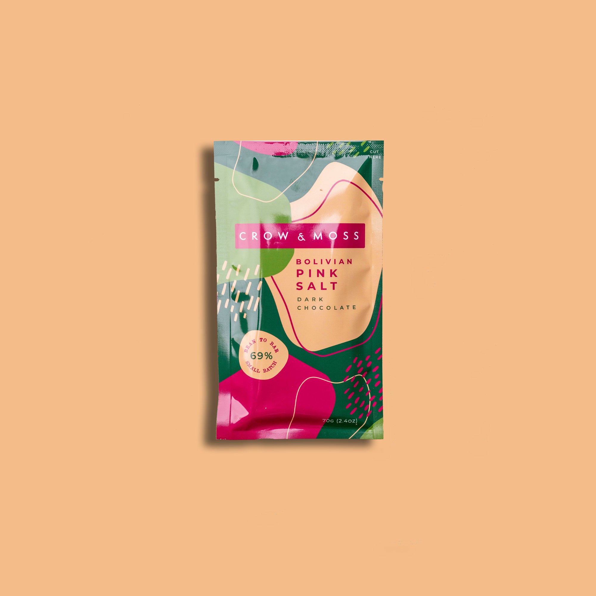 Front image of packaging of Bolivian Pink Salt Dark Chocolate Bar 69%